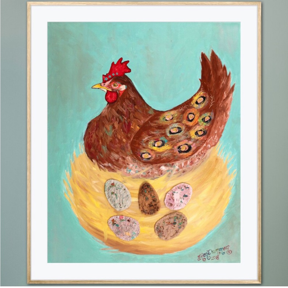 Broody Hen Art Print Oil Painting Chicken Eggs Nest Farmhouse Decor whimsical